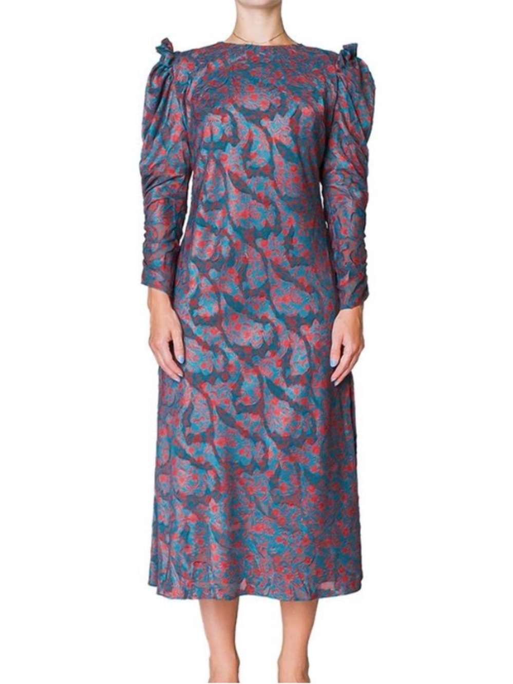 Naya Rea Lora Midi Dress Green Red Floral Print Long Sleeve Back Cut Out US 4